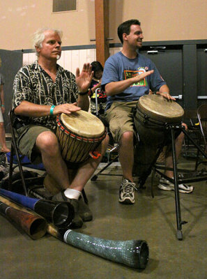 David Blonski (left) gets in on the late night drumming