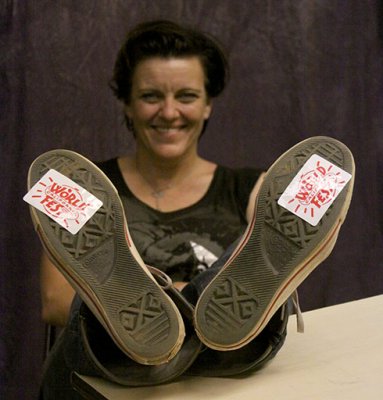Bluehouse's Jacqui wearing her WorldFest alliance on her feet