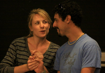 Hermione speaks to her friend Polixenes, King of Bohemia played by Alex Rojas. Their friendship makes King Leontes jealous.