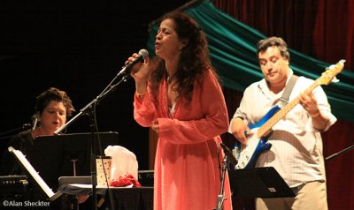 Perla Batalla, with Karen Hammack (left) and Mike Velasquez, Welcome Stage