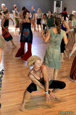 Soul Shake Ecstatic Dance led by Jacia, Ponderosa Stage (Jacia in blue and red)