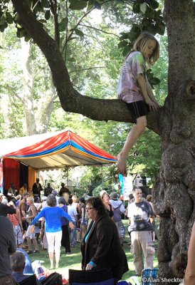 Band on stage, girl in tree