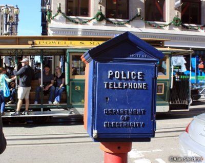Early 20th-century police phone box, now equipped w/satellite police and fire communications systems