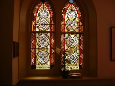 Stained glass windows in the entry alcove