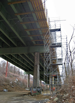 A brand new scaffold stair going up to the Pencoyd Viaduct of I-76