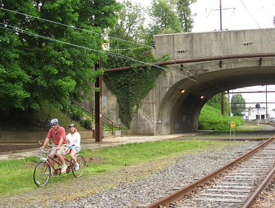 Entering the trail on a tandem at Cynwyd Station