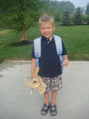 love that he wanted to take his puppy with him to the bus stop!