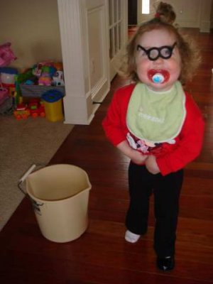 goofball- mr. potato head glasses, paci, pretty shoe, and joe's puke bucket (filled with cars of course)