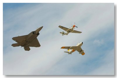 F-22 Raptor, P-51 & F-86 formation flight