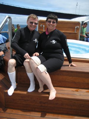 Trying on our newly issued wet suits for snorkling