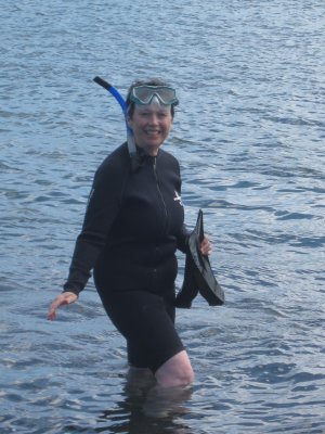 Patti after great snorkle--swam with a shark, sea lions, sea turtles, hogfish, parrot fish, clown fish, lots more!