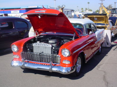 red & White hardtop 1955 Chevy