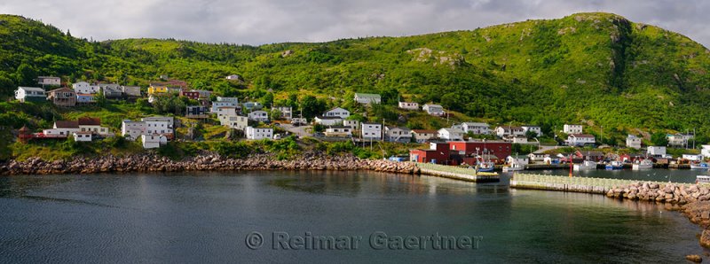Panorama of Petty Harbour-Maddox Cove houses on hillside Avalon Peninsula Newfoundland