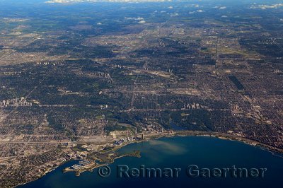 Aerial view of Toronto Humber River and Mimico Creek at Humber Bay and High Park