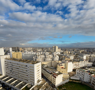 Wide angle view looking down on the white Casablanca cityscape