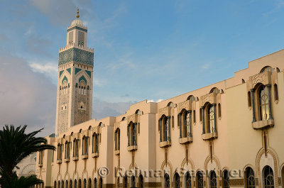 Library in the cultural centre building and Minaret of the Hassan II Mosque in Casablanca