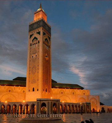 Hassan II Mosque and minaret in Casablanca Morocco at dusk