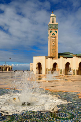 Minaret and fountains at the Hassan II Mosque in Casablanca Morocco