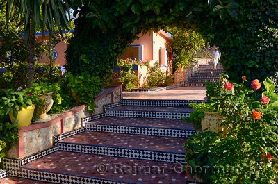 Tiled steps and tropical gardens at Hippocampe resort Oualidia Morocco