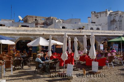 Outdoor patio cafe in a square of the medina of Essaouira Morocco