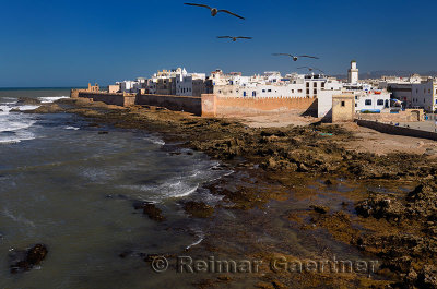 Atlantic coast and sea bastion ramparts of Essaouira Morocco viewed from Sqala du Port
