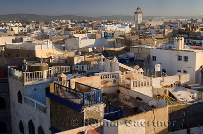 Cement work overlooking rooftops of houses in Essaouira Morocco