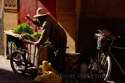 Old woman splashing water on her produce in the narrow alley of the souk in Marrakech