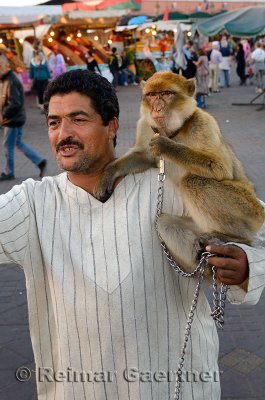 Trainer with monkey on a chain in Place Djemaa el Fna square in Marrakech Morocco