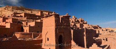 Panorama of Ochre buildings at the historic earthen ksar of Ait Benhaddou near Ouarzazate Morocco