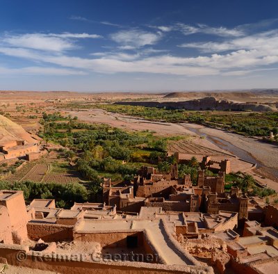 Overview of the Ounila River Valley from the top of Ait Benhaddou near Ouarzazate Morocco