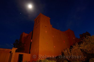 Kasbah Ait Ben Moro at night with stars and full moon at Skoura Morocco