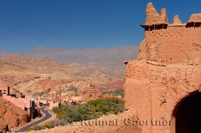 Road up the Dades Gorge in the High Atlas mountains from the crumbling Kasbah Ait Youl rooftop