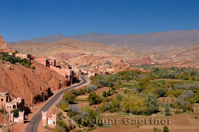 Farmland and red rock hills in Dades Gorge in the High Atlas mountains Morocco