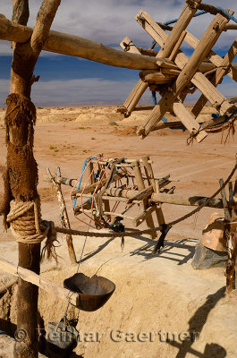 Pulleys ropes and buckets at Khettara well in the arid Tafilalt basin of Morocco