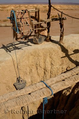 Pulley rope and bucket at Khettara well in the arid Tafilalt basin of Morocco