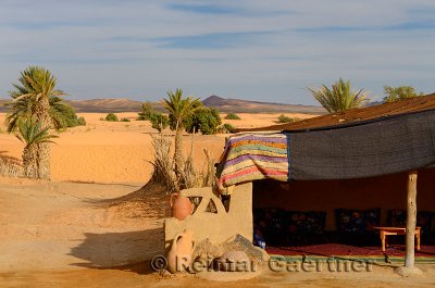 Berber tent and palm trees at the edge of the desert in Khemlia Morocco