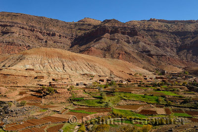 High Atlas mountains foothills along the Asif Imini river valley farmland in Morocco