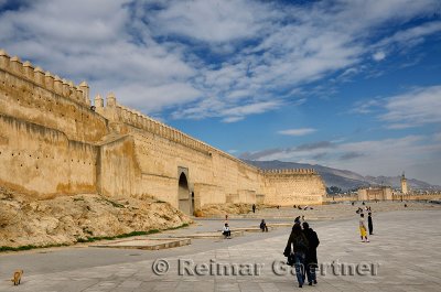 Place Pacha el Baghdadi rampart with Jbel Zalagh mountain and bab ech chorfa gate in Fes Morocco