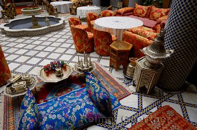Tea set and dining area in Moorish style at Riad El Yacout in Fes el Bali Morocco