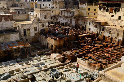White mineral tanning vats and brown vegetable soaking pits in the Fes tannery Morocco