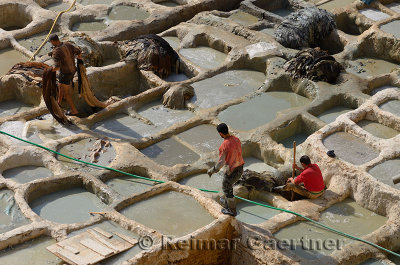 Workers at wet blue chrome tanning soaking vats at Fes Chouara Tannery Morocco