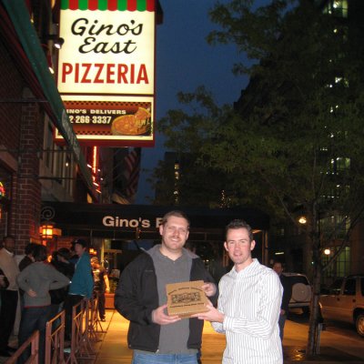 Chris and Ryan with a prize from Gino's