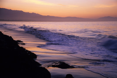 Intro-01, Dawn view of waves breaking along the Santa Barbara mainland.