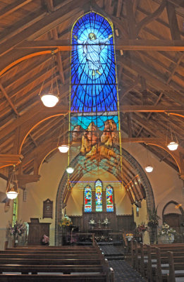 Inside Church, Unique Reflection of Front Stained-Glass Window