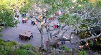 Looking down at outdoor restaurant area