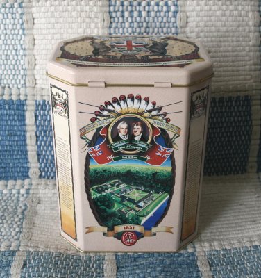 back of NONSUCH sail boat cookie tin - HBC