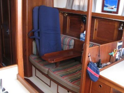 strbd settee in salon, nav station barely visible to right