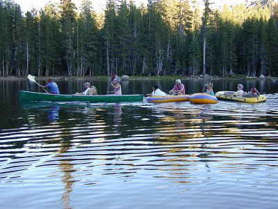 2002-Spicer reunion, canoe towing rubber rafts