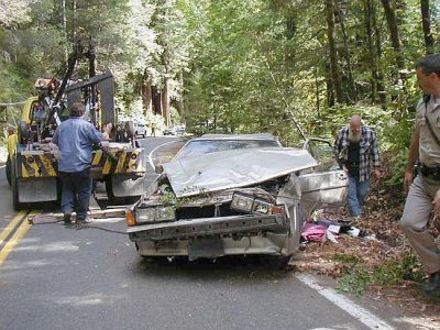 Amazing that he survived this crash - Redwood Nat'l Forest road.