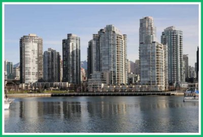 Hi rise buildings around False Creek.